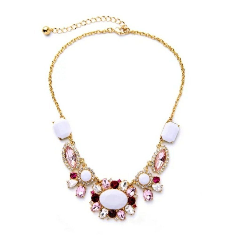 Pink Floral White Rhinestone Crystal Vintage Gold Statement Necklace